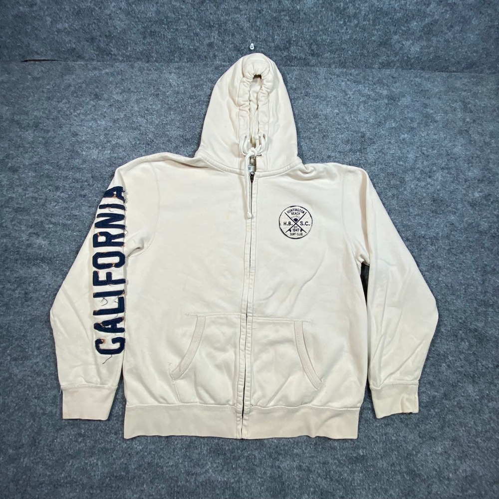 Old Navy Mens XL Cream Huntington Beach Surf Club Zip Up California Hoodie Y2K